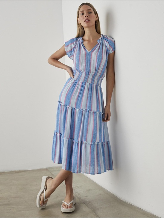 Rails Dresses & Skirts - Rails Amellia Kona Striped Blue and Pink Tiered Midi Dress Linen Blend Large